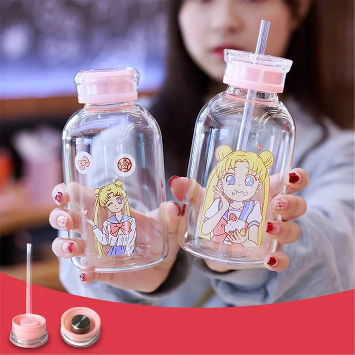 Sailor Moon Glass Water Bottle With Straw